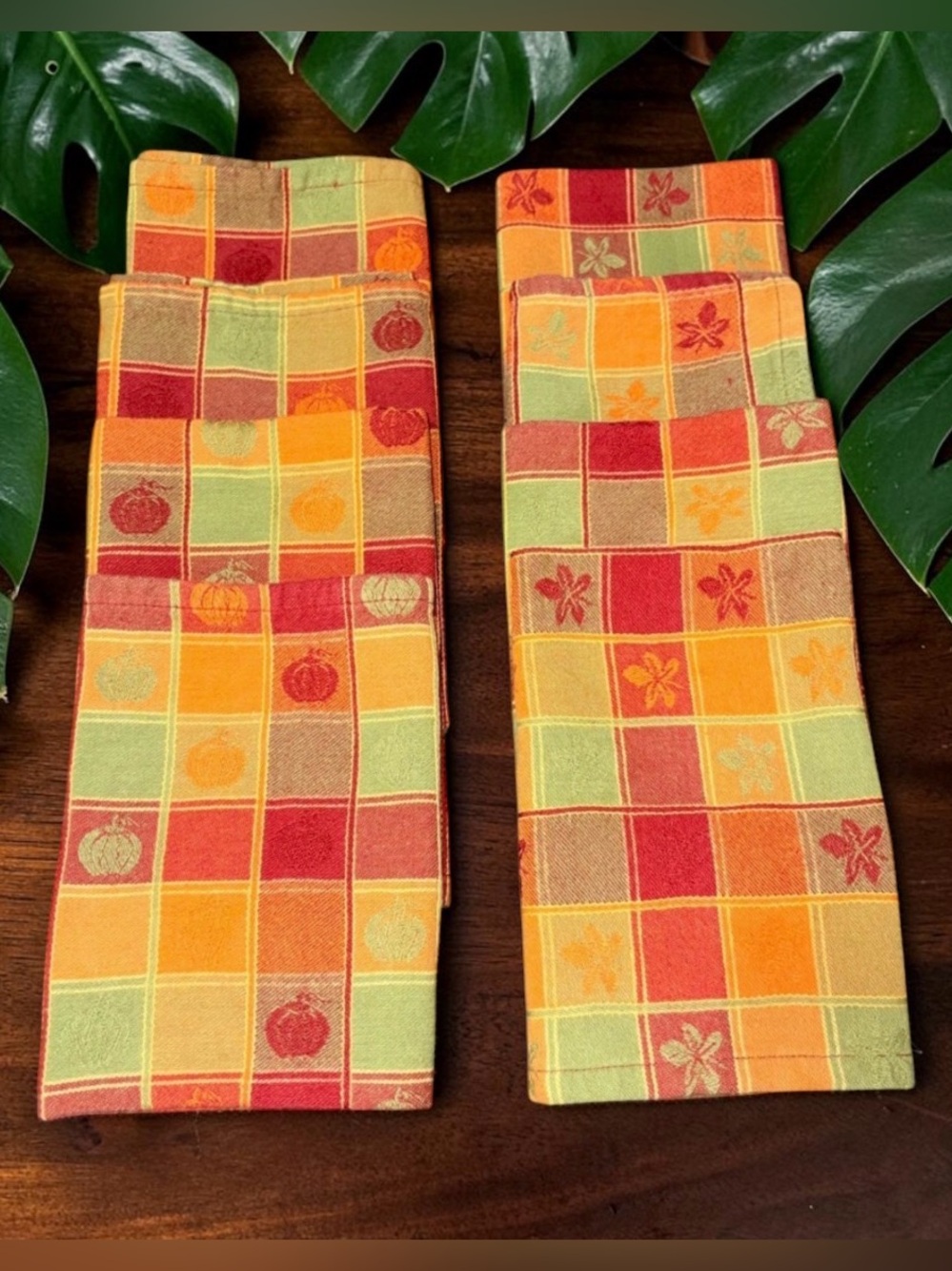 8 Vtg Fall Harvest Plaid Cloth Napkins Pumpkin Leaf Orange Red Green Square